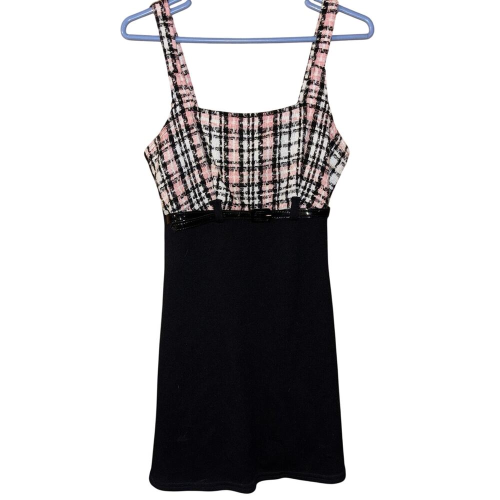 Vintage 90’s Up Front pink black tweed style belted mini dress (medium)